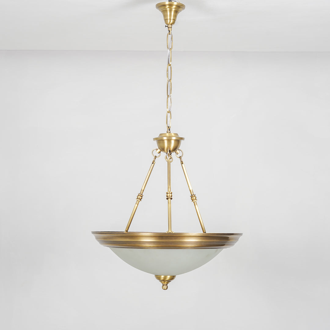 QUOIZEL Arlo 3-Light Pendant in Pure Brass with Frosted White Glass Shades