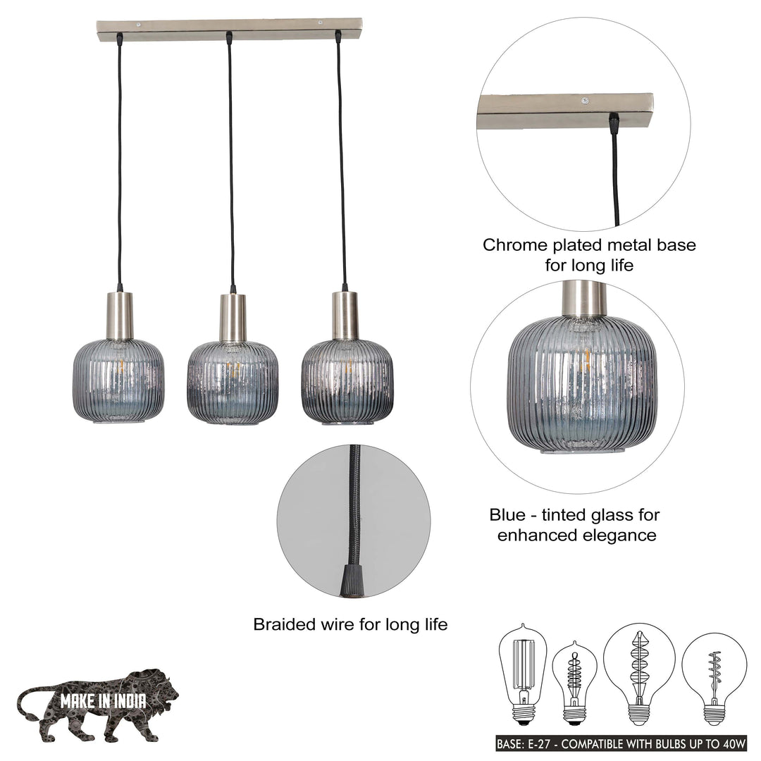 DEMARIUS Linear Cluster Hanging Pendant Light In Blue Glass And Chrome Finish Metal