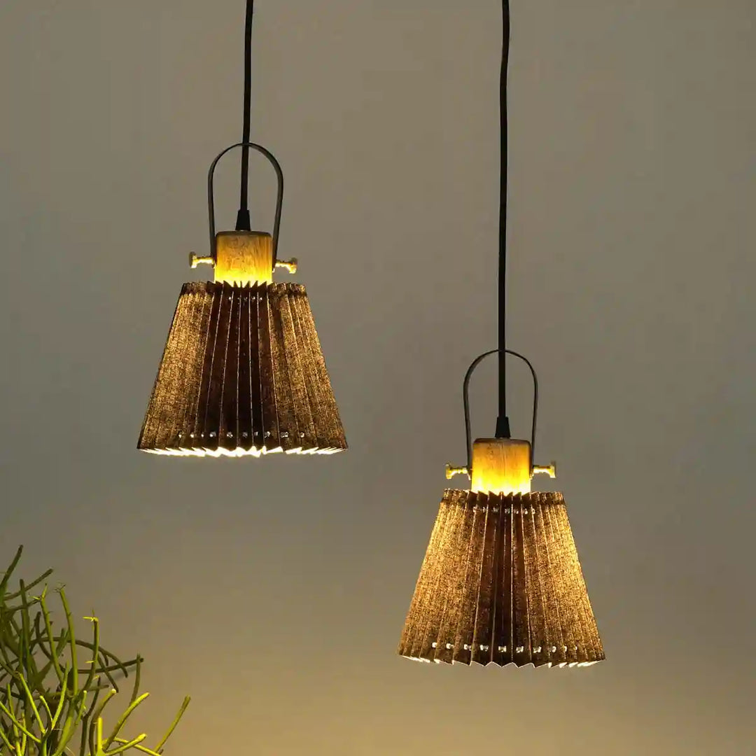 LIEBE Dual shade wood and metal Hanging Pendant Light With Black Cotton Shade