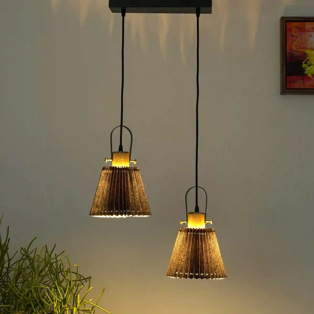 LIEBE Dual shade wood and metal Hanging Pendant Light With Black Cotton Shade