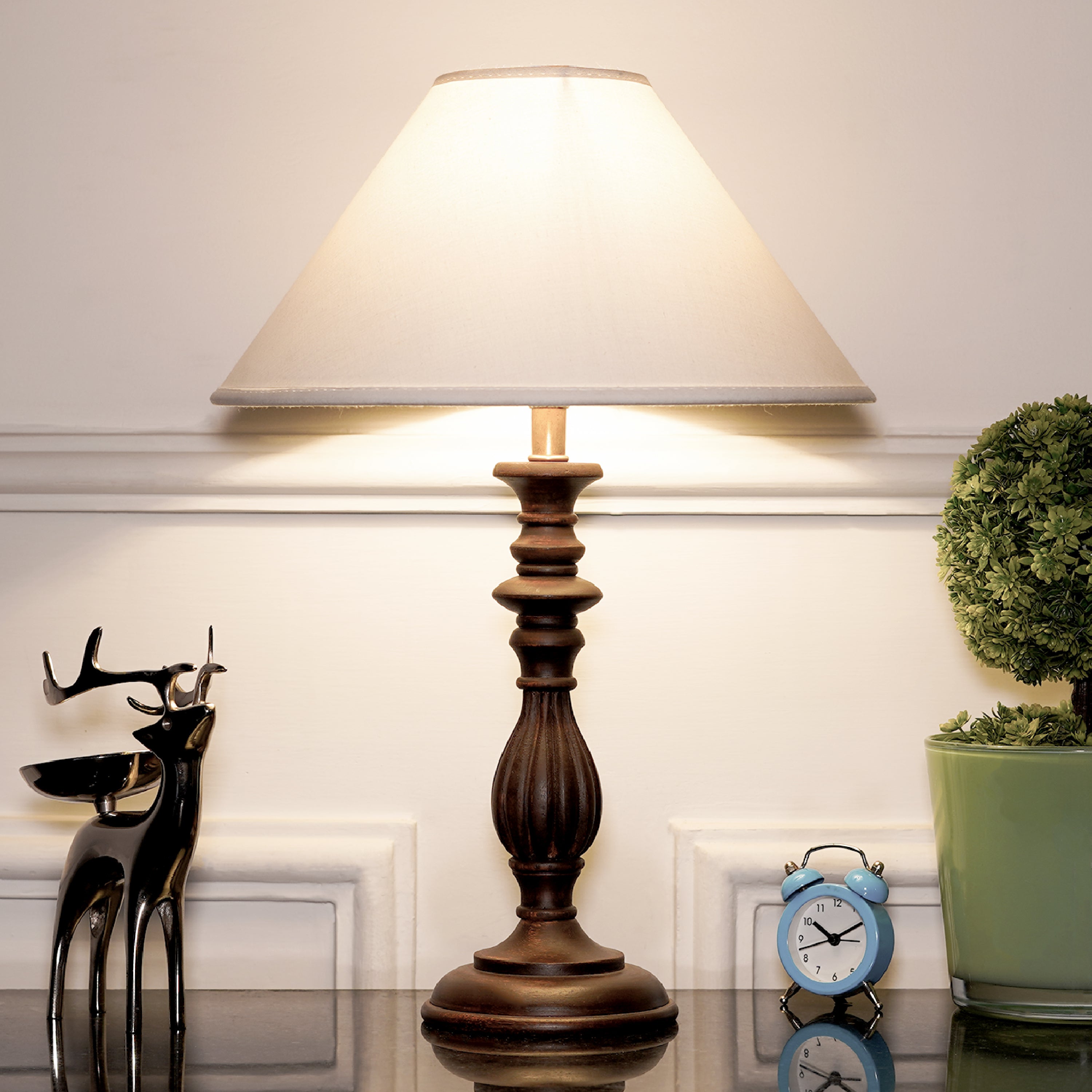 LORETTE hand crafted Solid wood walnut finish table lamp With White Cotton  Shade