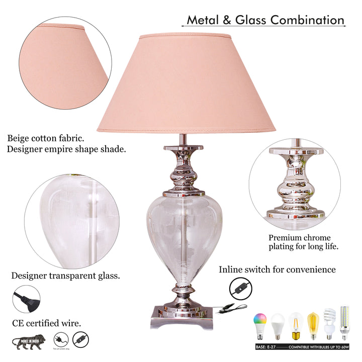Hinton Clear Glass and Nickel Finish Metal Table Lamp With Cotton Shade