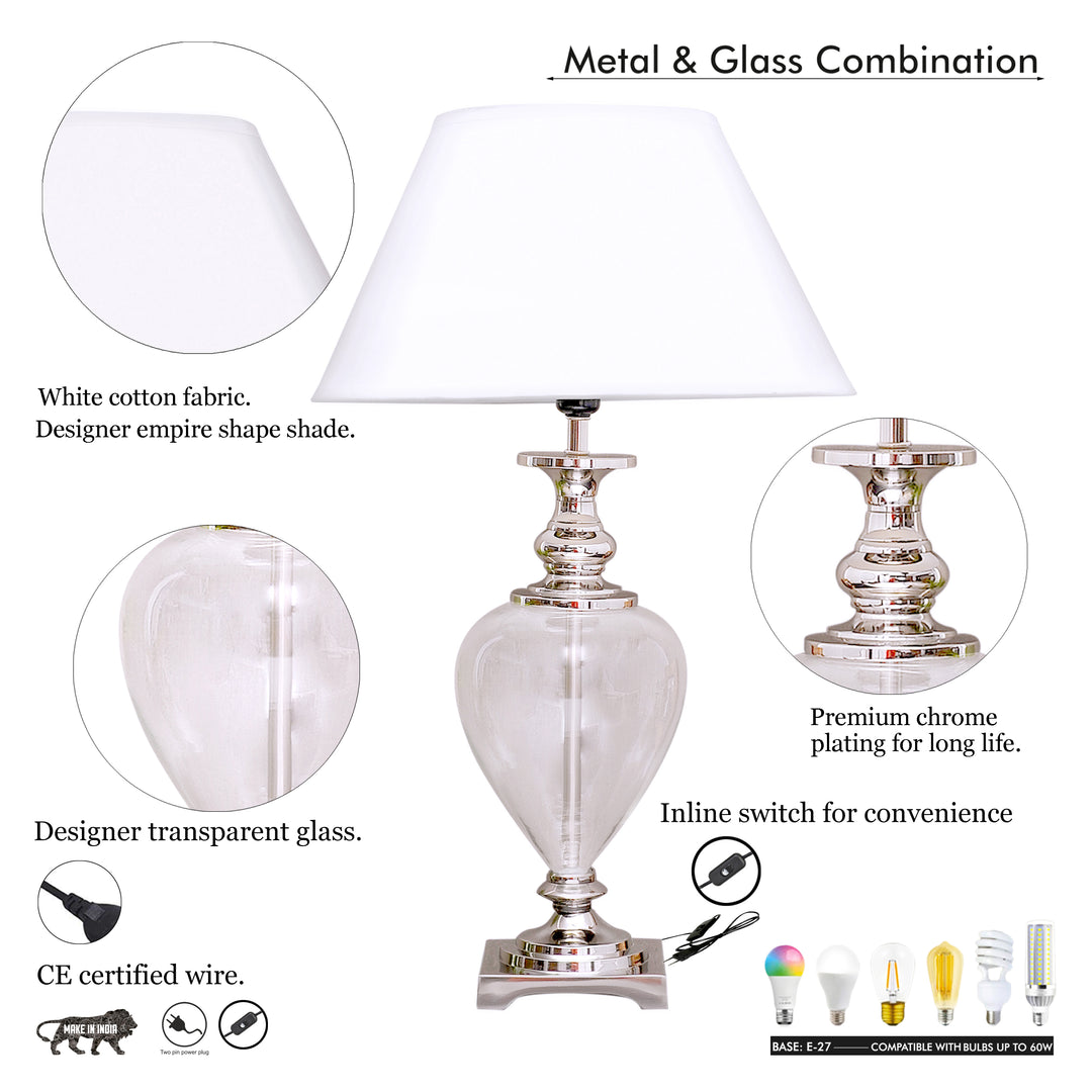 Hinton Clear Glass and Nickel Finish Metal Table Lamp With Cotton Shade