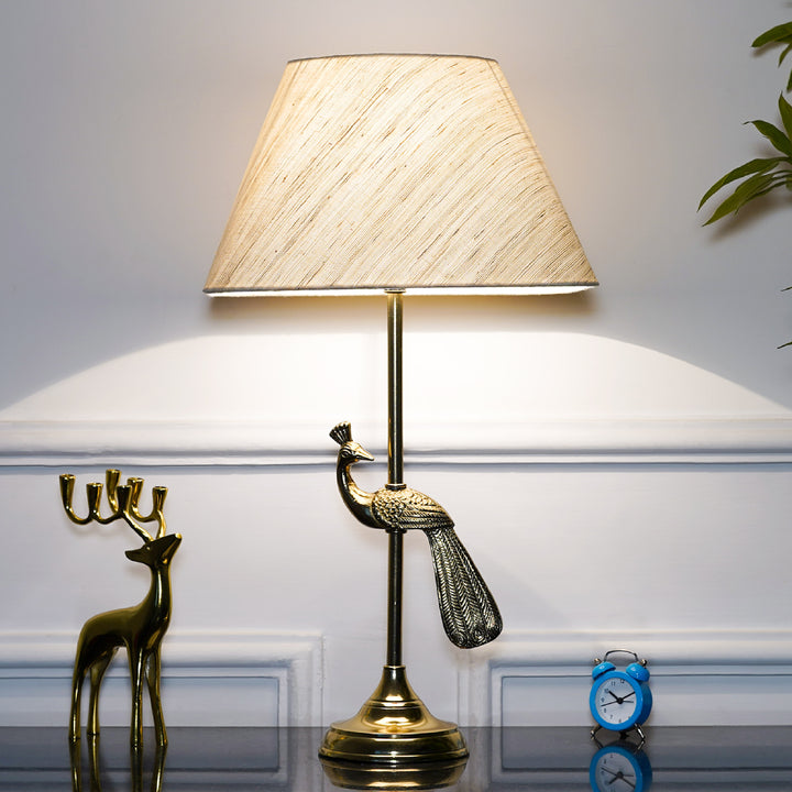 Torre Brass Finish Aluminium Table Lamp With Off White Linen Shade