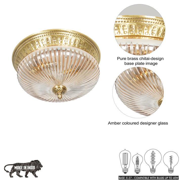HINKLEY 2-Light Flush Mount Ceiling Light in Antique Brass Finish with Amber Rippled Glass