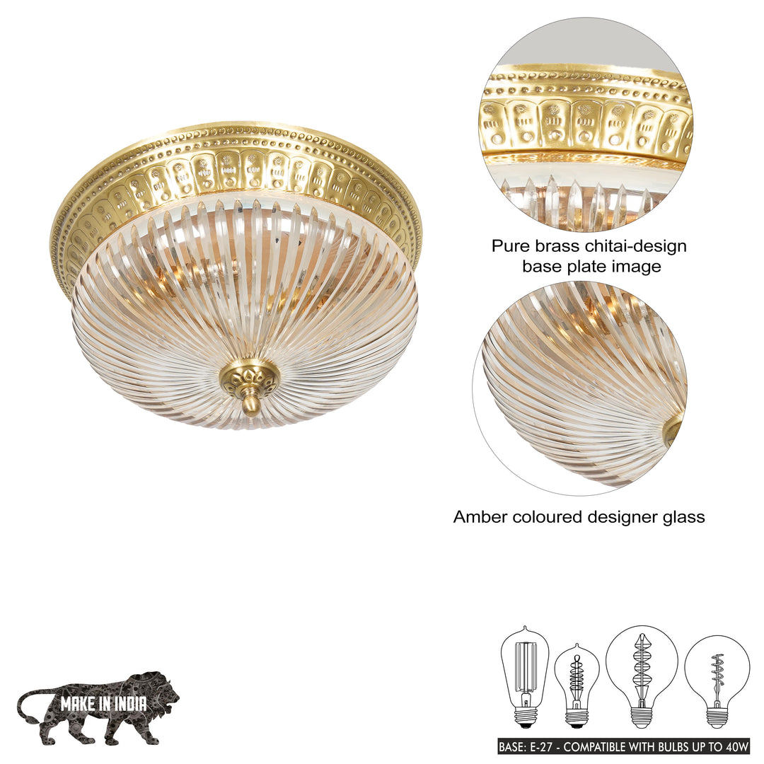 HINKLEY 2-Light Flush Mount Ceiling Light in Antique Brass Finish with Amber Rippled Glass