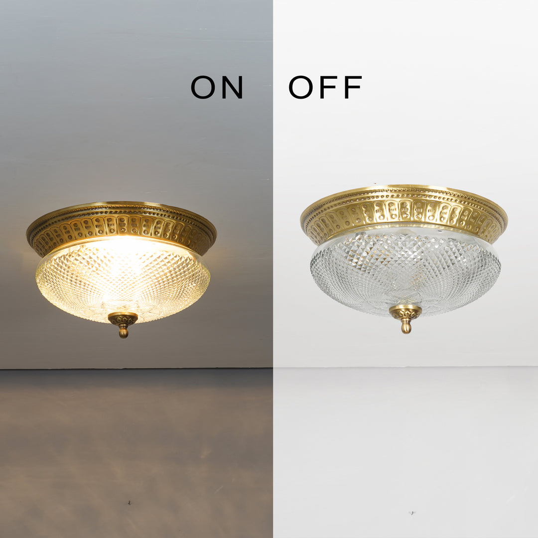 TELMOR  2-Light Flush Mount Ceiling Light in Antique Brass Finish with Amber Diamond Cut Glass