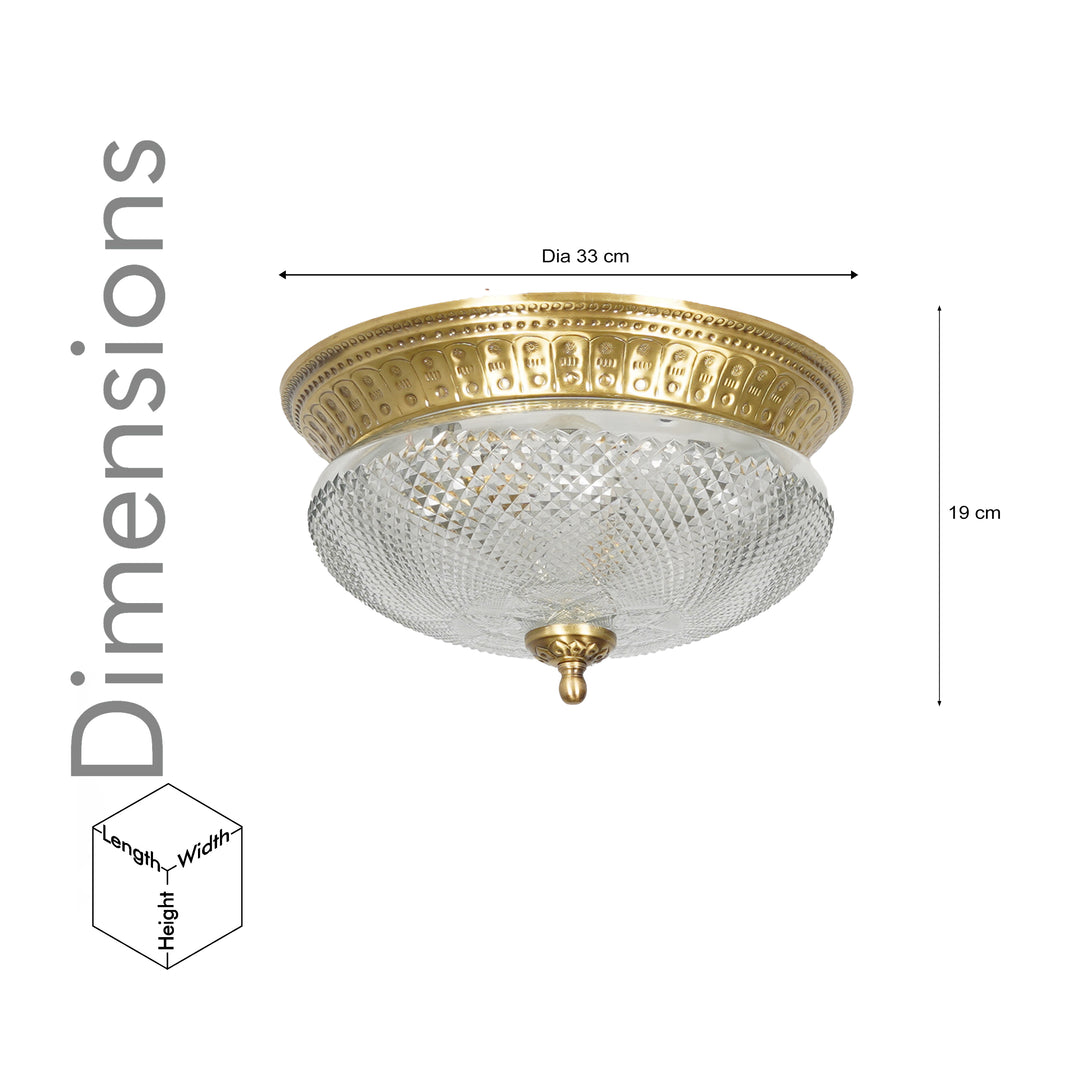 TELMOR 2-Light Flush Mount Ceiling Light in Antique Brass Finish with Clear Star Diamond Cut Glass