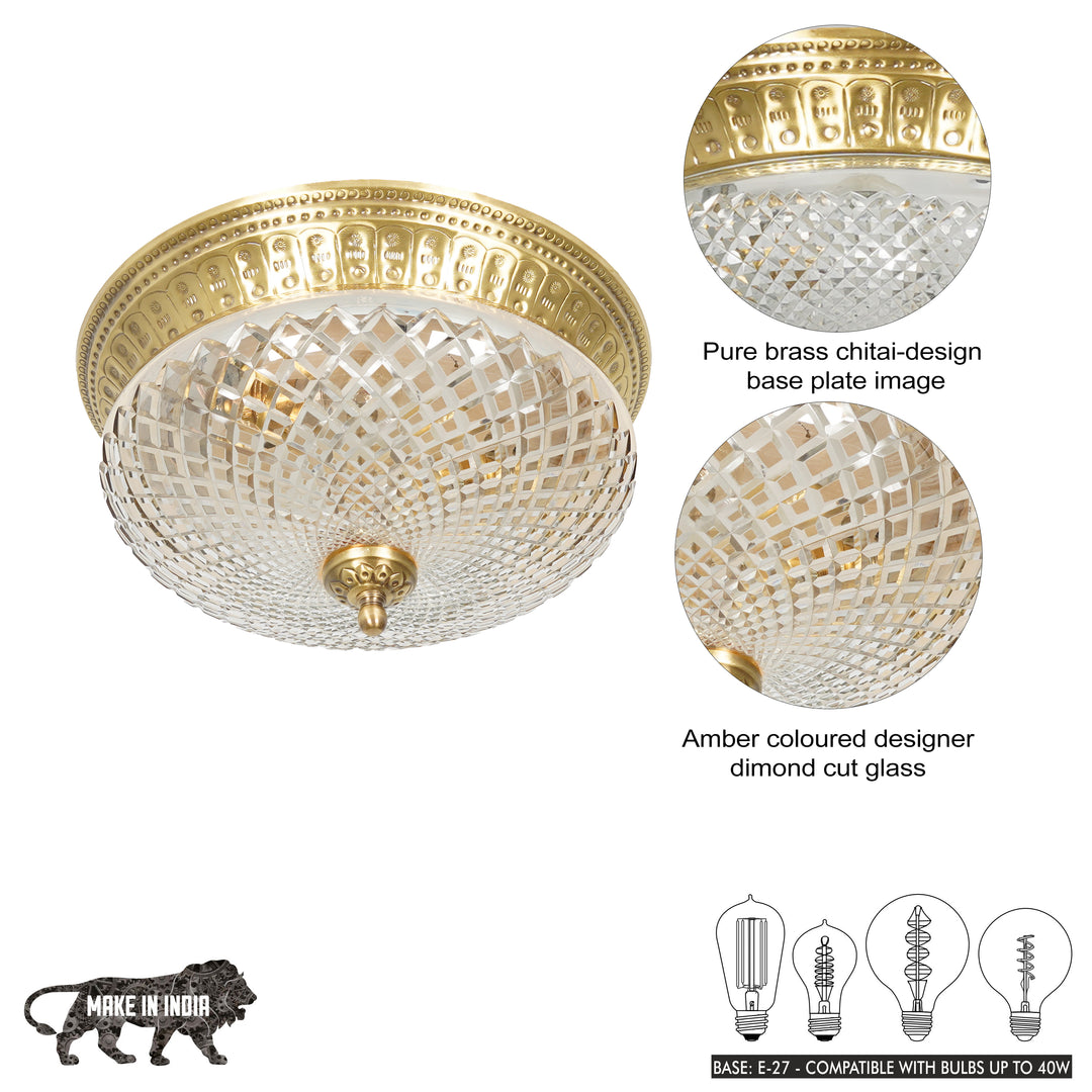 TELMOR  2-Light Flush Mount Ceiling Light in Antique Brass Finish with Amber Diamond Cut Glass