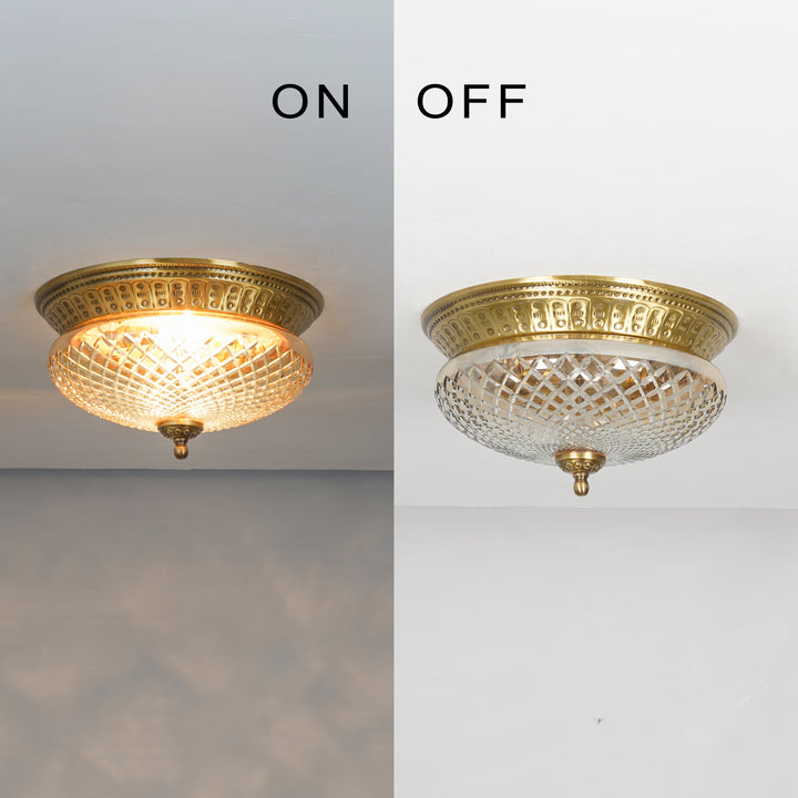 CAMERON 2-Light Flush Mount Ceiling Light in Brass Finish with Amber Diamond Cut Glass