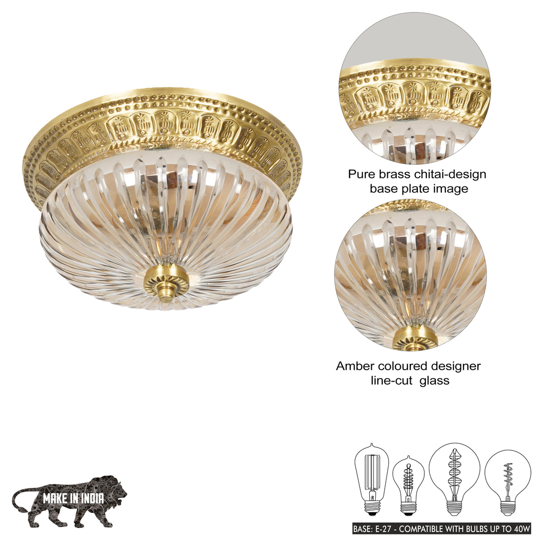 HINKLEY Single Light Flush Mount Ceiling Light in Antique Brass Finish with Amber Rippled Glass