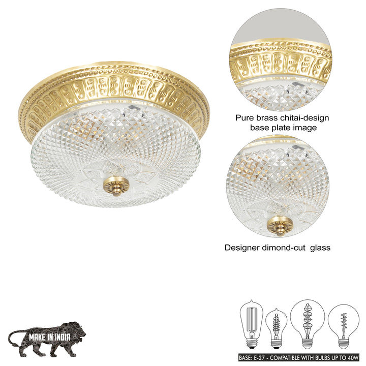 TELMOR 11-Inch 2-Light Flush Mount Ceiling Light in Antique Brass Finish with Clear Star Diamond Cut Glass