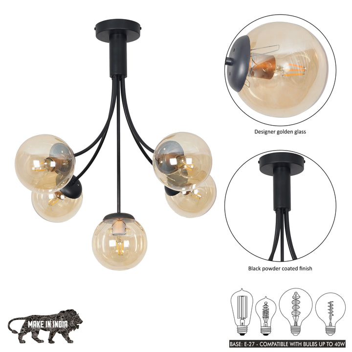 Greenwich 5 Arm Black & Amber Finish Chandelier Light