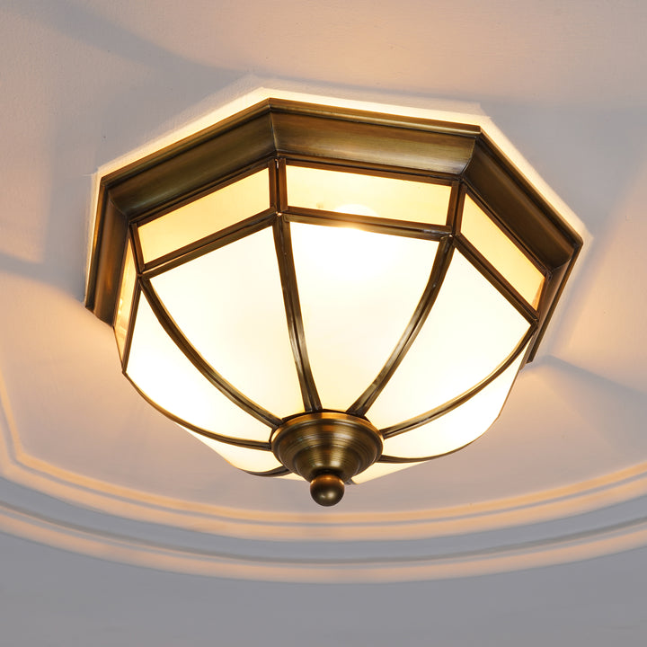 MIRAGE Frosted White & Antique Brass Flush Lantern Ceiling Light