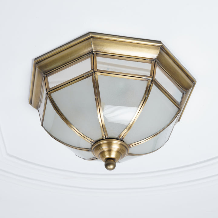 MIRAGE Frosted White & Antique Brass Flush Lantern Ceiling Light