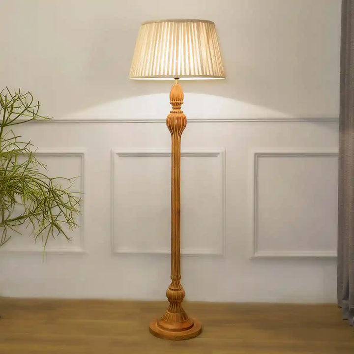 Sober Wood Single Light Floor Lamp With Cotton Beige Shade