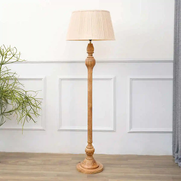 Sober Wood Single Light Floor Lamp With Cotton Beige Shade