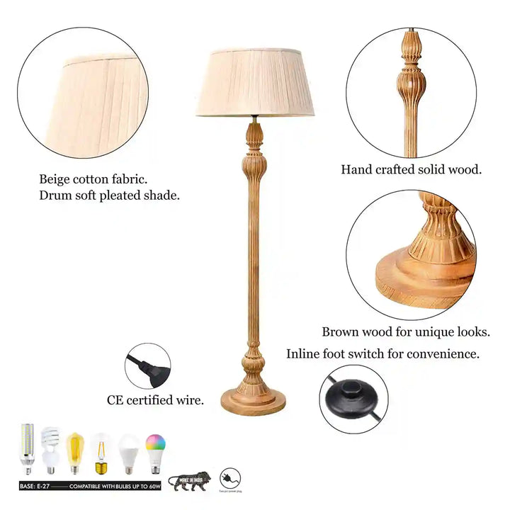Sober Wood Single Light Floor Lamp With Cotton Beige Shade