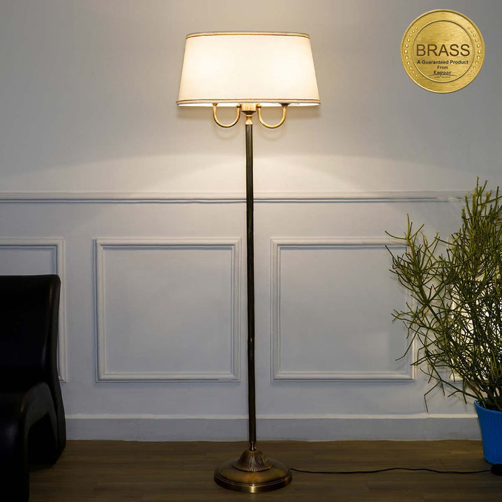 Stiffel Pure Brass Floor Lamp With Off White Cotton Shade