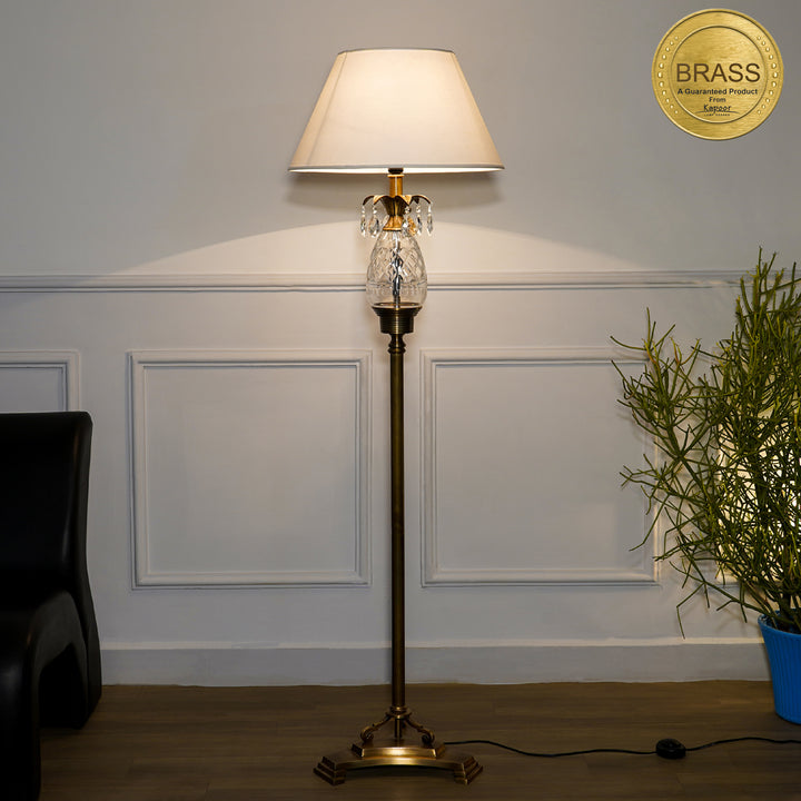 Eclipse Pure Brass and Glass Floor Lamp With Beige Cotton Shade