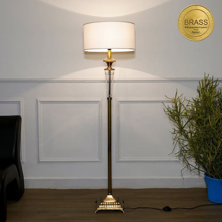 Provence Antique Brass Floor Lamp With Natural Linen Shade