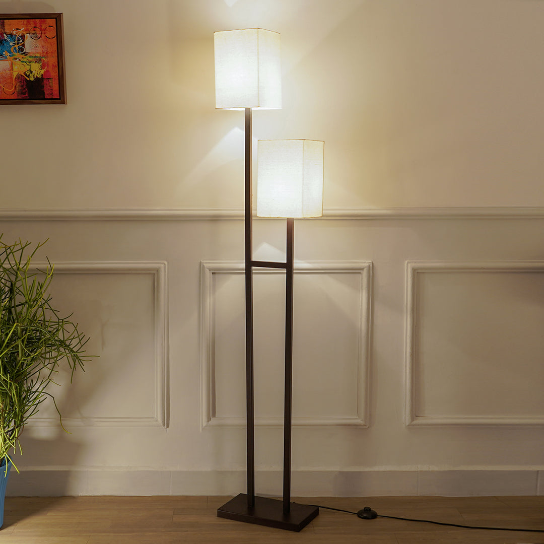 TWIN 2 Light Floor Lamp In Black Finish With Cotton Shade