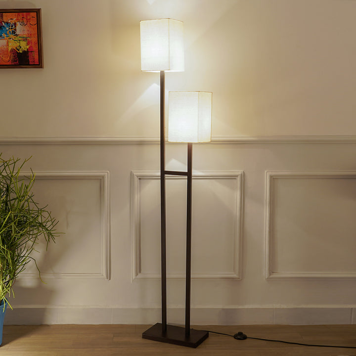 TWIN 2 Light Floor Lamp In Black Finish With Cotton Shade