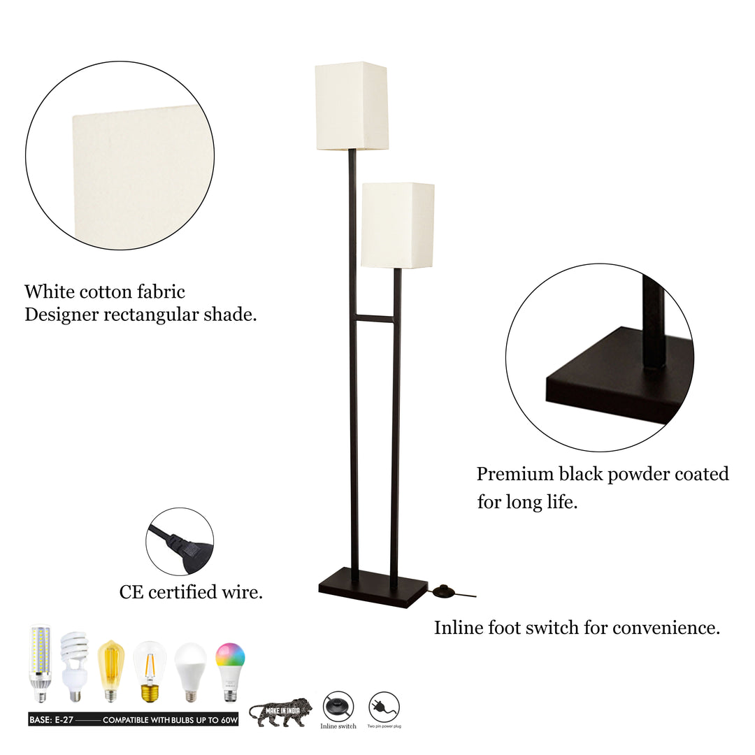 TWIN 2 Light Floor Lamp In Black Finish With Cotton Shade