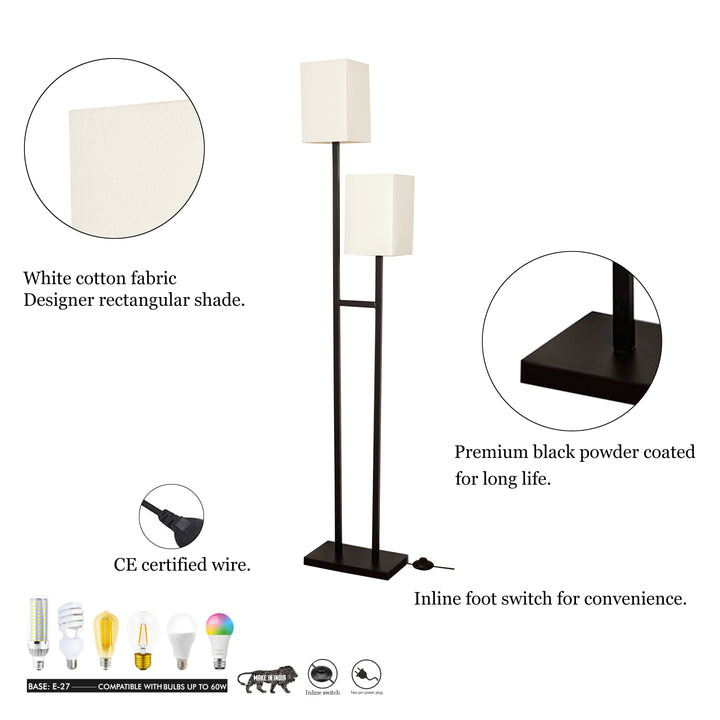 TWIN 2 Light Floor Lamp In Black Finish With Cotton Shade