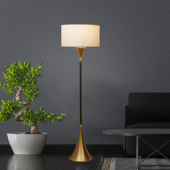 Colorado Single Light Floor Lamp In Black & Brass Finish With Cotton Fabric Shade
