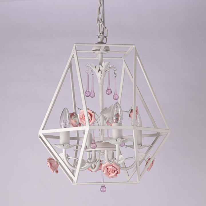 Coast Whte Pinjra Shaped Pendant Light With Pink Flowers And Purple Crystal Droplets