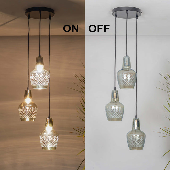 ALITA 3-light Amber lustere Glass Brass Edge Pendant Cluster