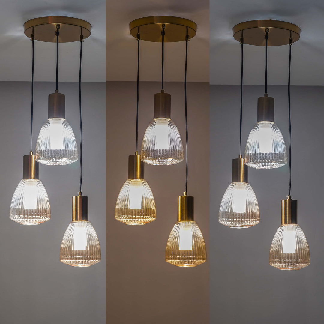KLIMT 3 Light Ceiling Pendant In Brass Finish Metal With Amber Rippled Glass Shades