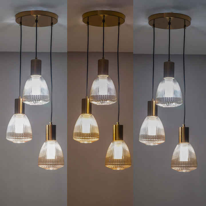 KLIMT 3 Light Ceiling Pendant In Brass Finish Metal With Amber Rippled Glass Shades