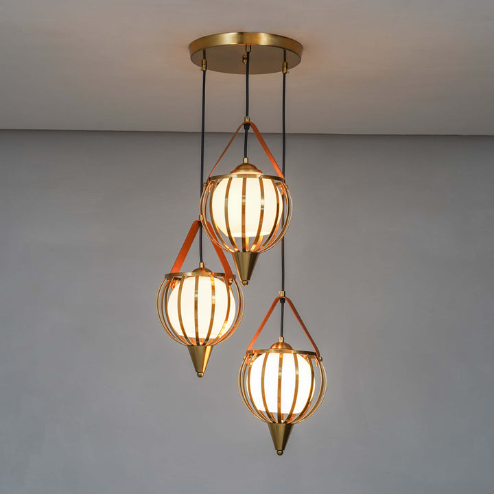 ALFIE 3 Light Ceiling Pendant In Brass Finish Metal And Brown Leather With Frosted White Glass Shades