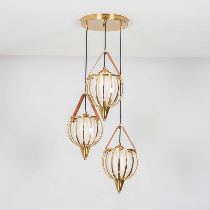 ALFIE 3 Light Ceiling Pendant In Brass Finish Metal And Brown Leather With Frosted White Glass Shades