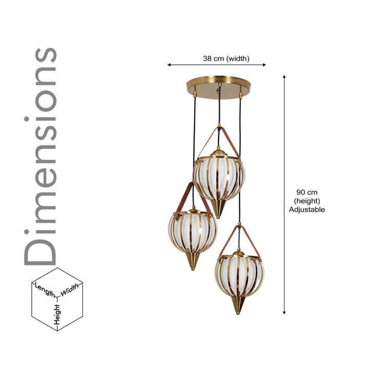 ALFIE 3 Light Ceiling Pendant In Brass Finish Metal And Brown Leather With Frosted White Glass Shades