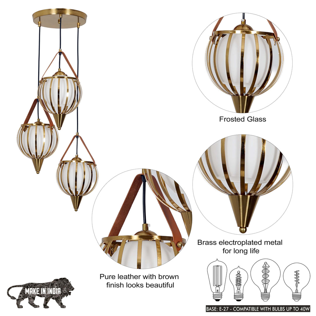 ALFIE 3 Light Ceiling Pendant In Brass Finish Metal And Brown Leather With Frosted White Glass Shades