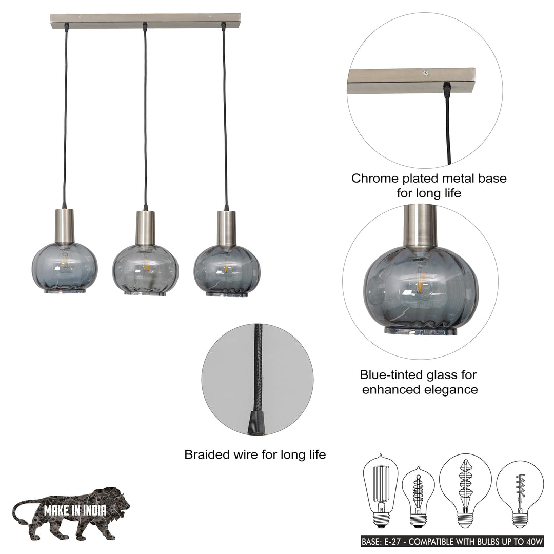 OPALINE Globe Linear Cluster Hanging Pendant Light In Smoke Glass And Chrome Finish Metal