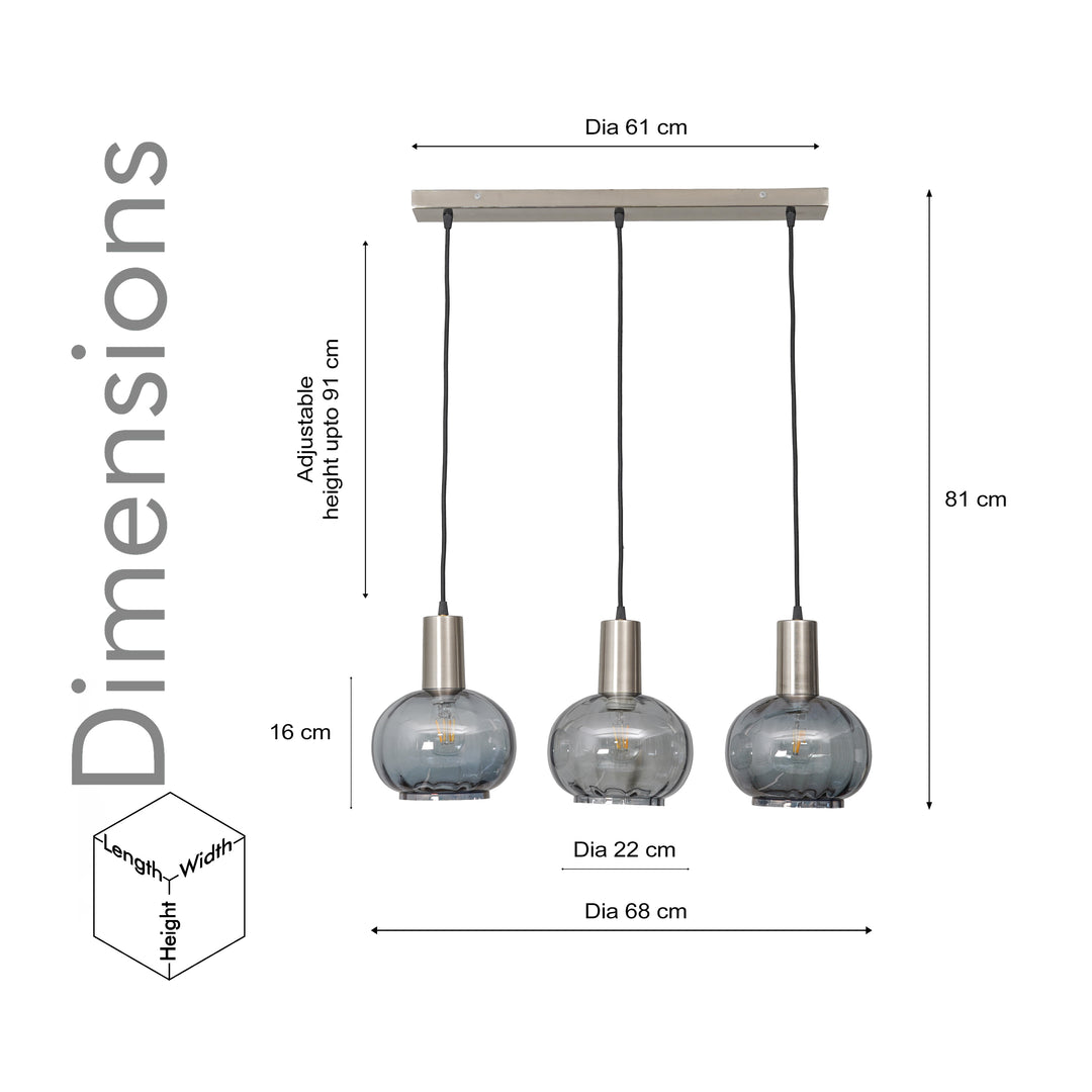 OPALINE Globe Linear Cluster Hanging Pendant Light In Smoke Glass And Chrome Finish Metal