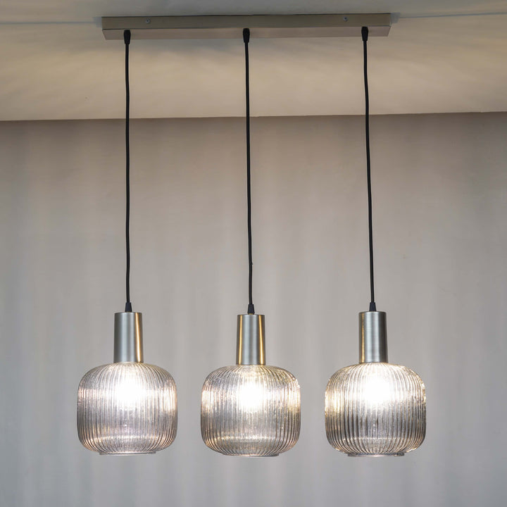 DEMARIUS Linear Cluster Hanging Pendant Light In Blue Glass And Chrome Finish Metal