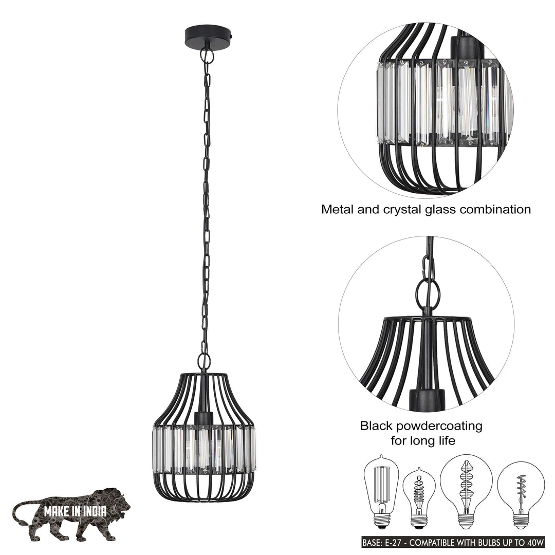 Tindori Clear Crystal with black Metal Hanging Pendant Light