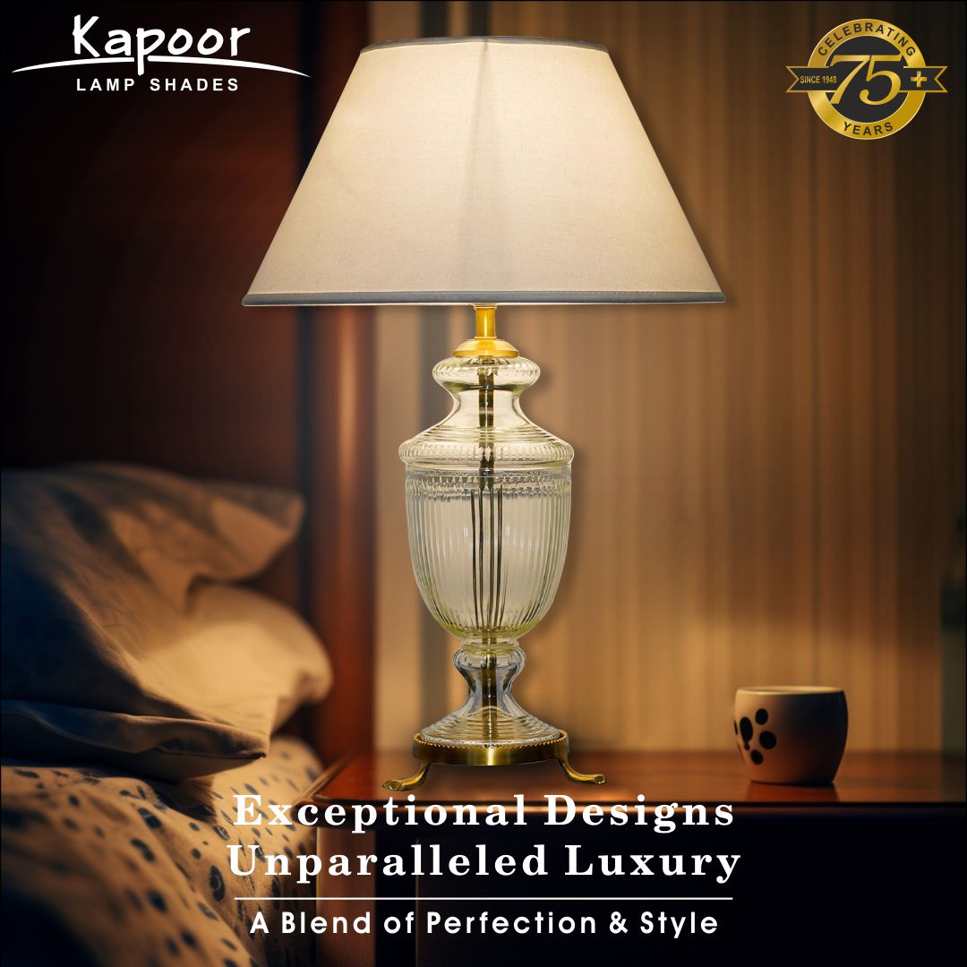 OLEANA hand cut glass and brass casted base Table Lamp With Off White Cotton Shade