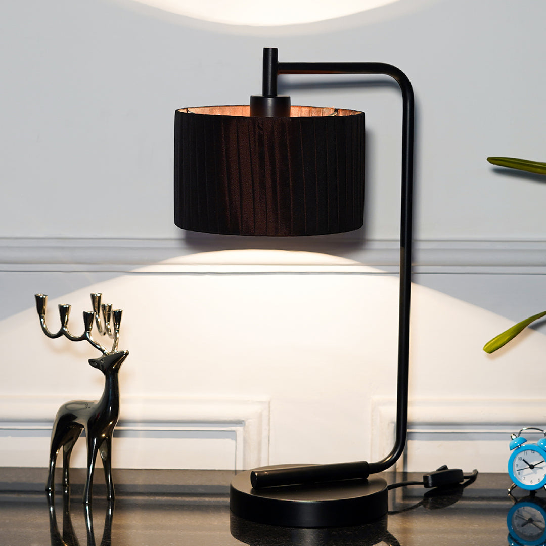 BOND Black Metal Study Table Lamp With Dark Brown Silk Shade