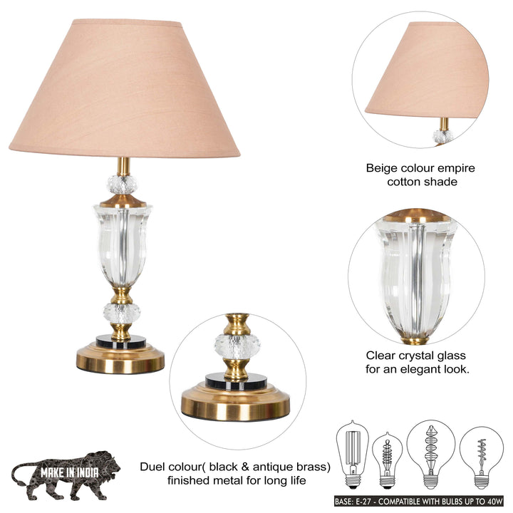 ASHURST Black & Antique Brass Finish Metal And Clear Crystal Glass Table Lamp With Cotton Shade