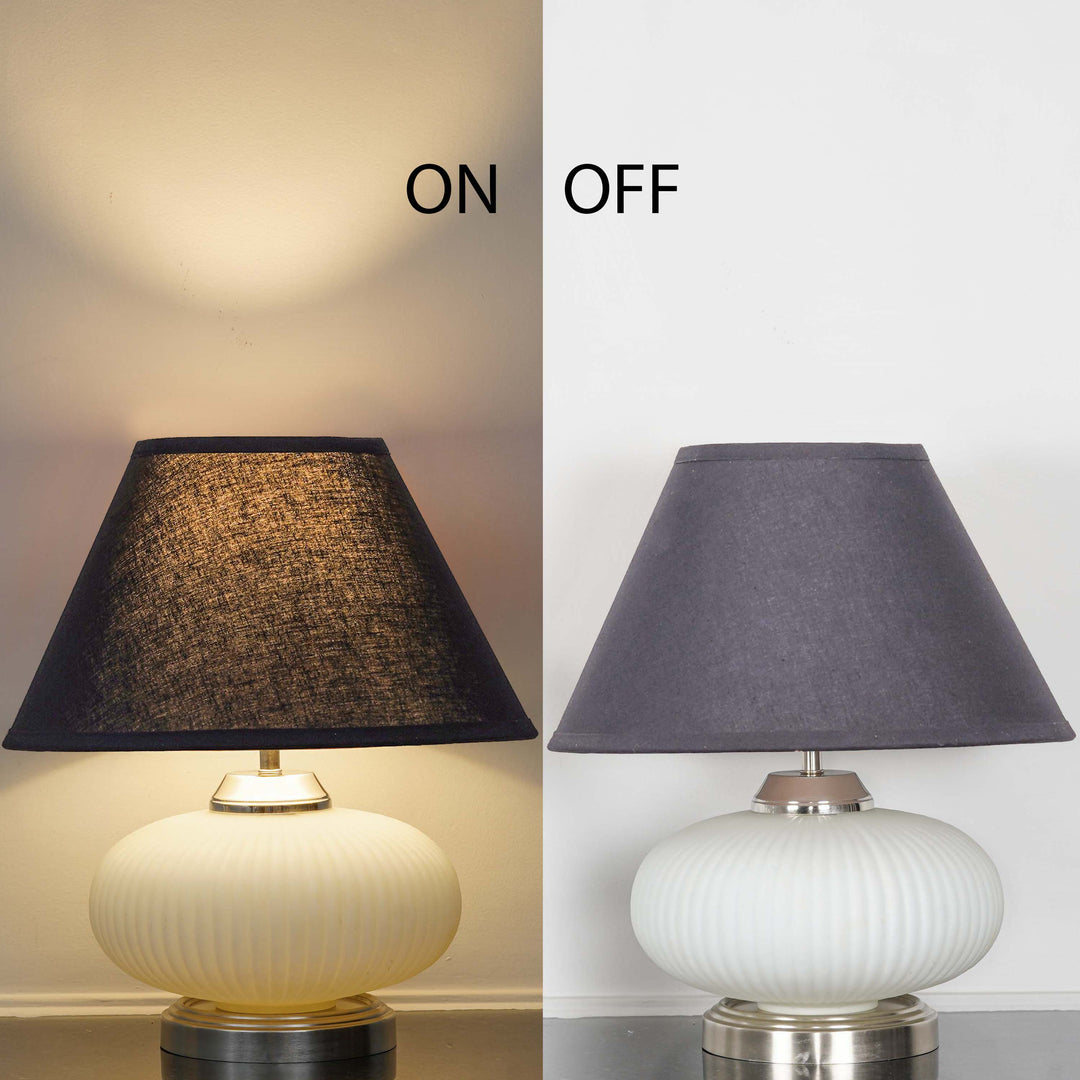 MALOTO Frosted White Glass and Chrome Finish Metal Table Lamp With Beige Cotton Shade