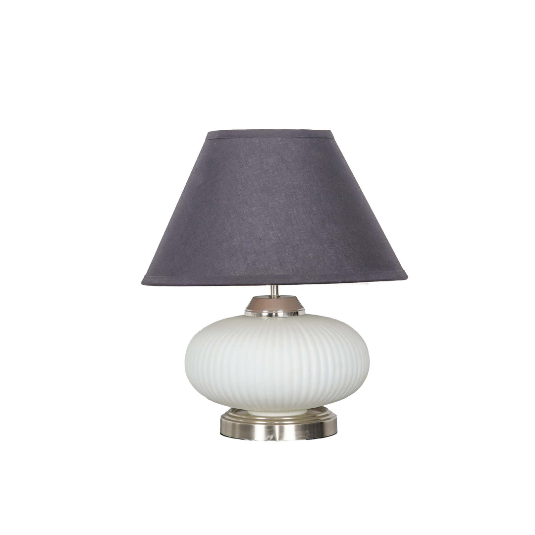 MALOTO Frosted White Glass and Chrome Finish Metal Table Lamp With Beige Cotton Shade