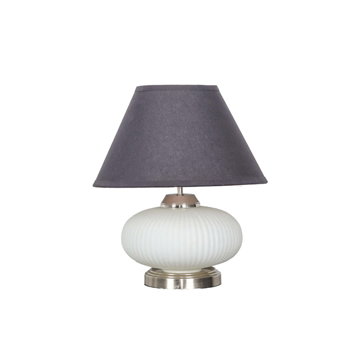 MALOTO Frosted White Glass and Chrome Finish Metal Table Lamp With Beige Cotton Shade