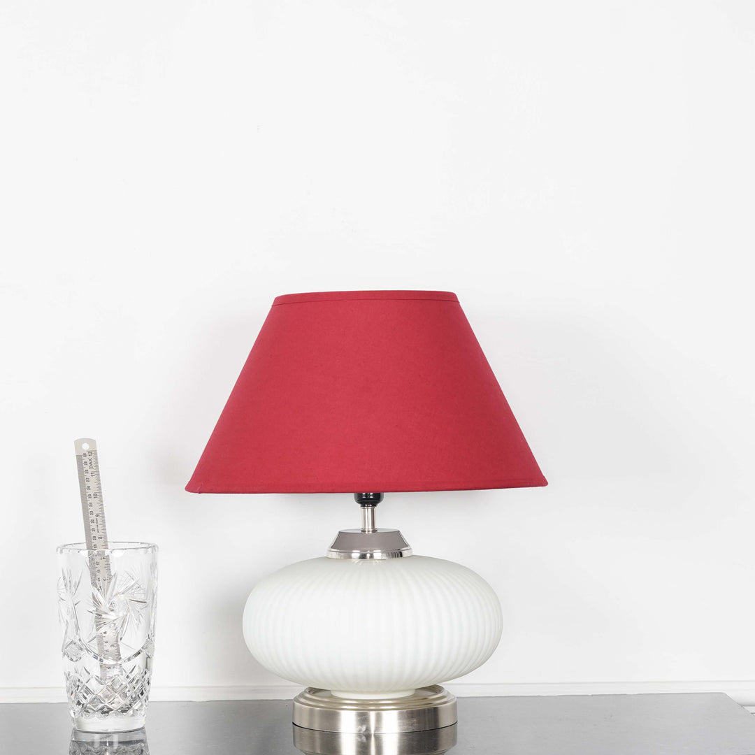 MALOTO Frosted White Glass and Chrome Finish Metal Table Lamp With Beige Cotton Shade