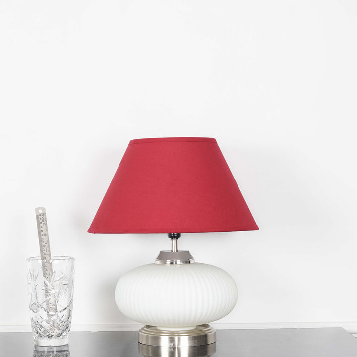 MALOTO Frosted White Glass and Chrome Finish Metal Table Lamp With Beige Cotton Shade